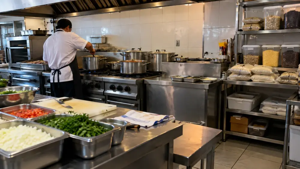 Cozinha profissional de restaurante durante o preparo do almoço